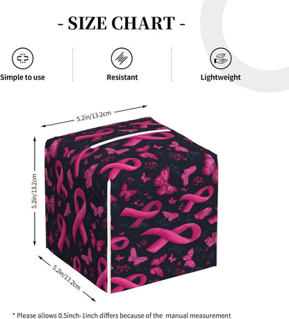 Pink Ribbon Butterfly Print Tissue Box Cover Holder Square, Foldable Modern Cube Tissue Box Cover, Leather Decorative Organizer for Tabletop Bathroom Car Office Desk Decor
