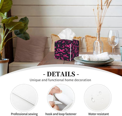 Pink Ribbon Butterfly Print Tissue Box Cover Holder Square, Foldable Modern Cube Tissue Box Cover, Leather Decorative Organizer for Tabletop Bathroom Car Office Desk Decor
