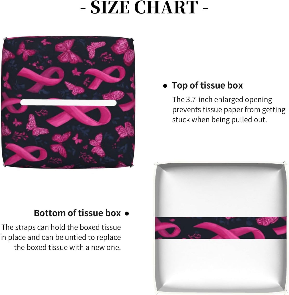 Pink Ribbon Butterfly Print Tissue Box Cover Holder Square, Foldable Modern Cube Tissue Box Cover, Leather Decorative Organizer for Tabletop Bathroom Car Office Desk Decor