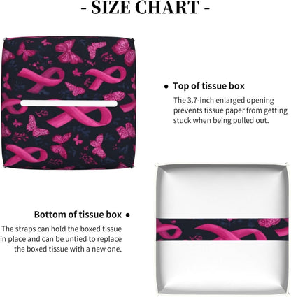 Pink Ribbon Butterfly Print Tissue Box Cover Holder Square, Foldable Modern Cube Tissue Box Cover, Leather Decorative Organizer for Tabletop Bathroom Car Office Desk Decor