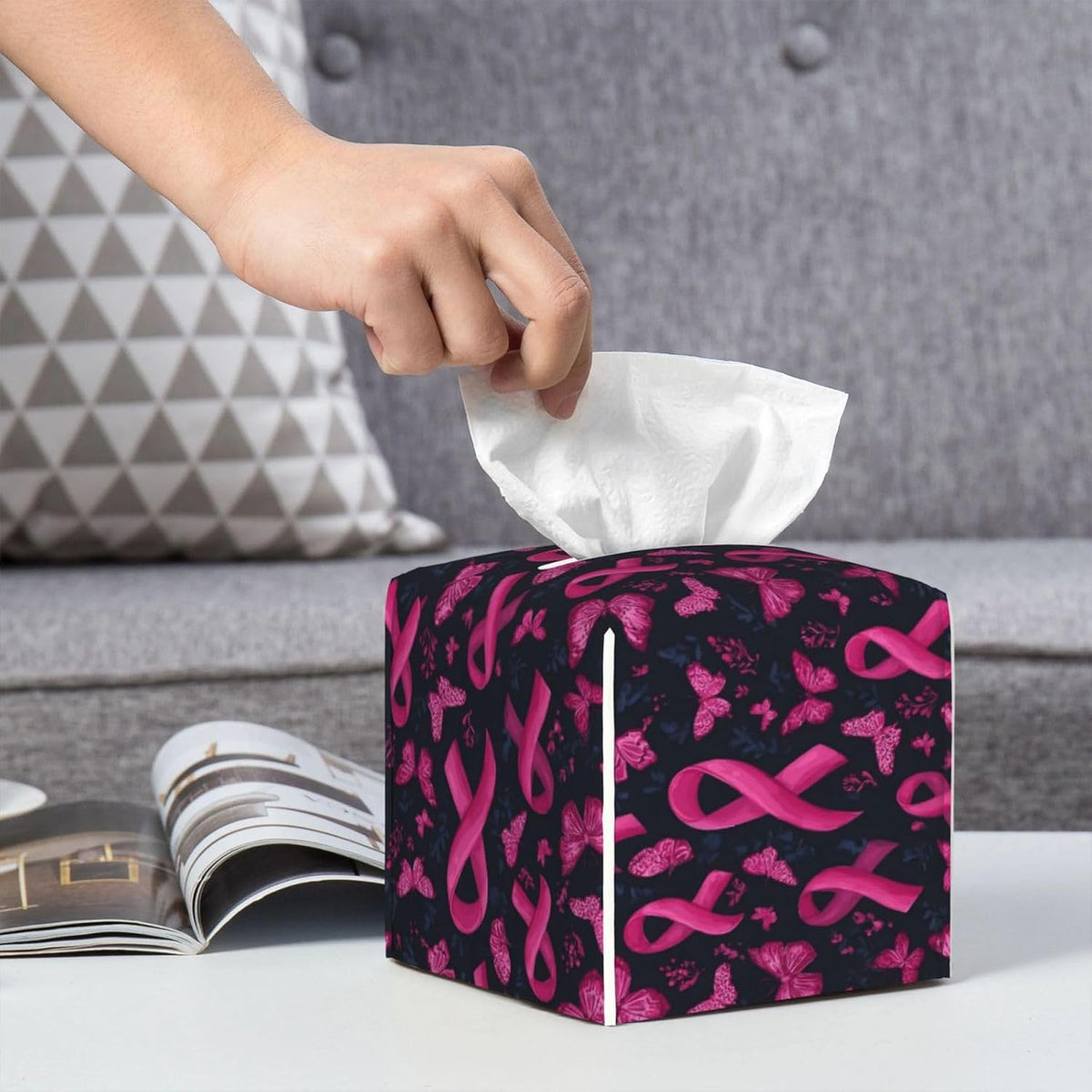 Pink Ribbon Butterfly Print Tissue Box Cover Holder Square, Foldable Modern Cube Tissue Box Cover, Leather Decorative Organizer for Tabletop Bathroom Car Office Desk Decor