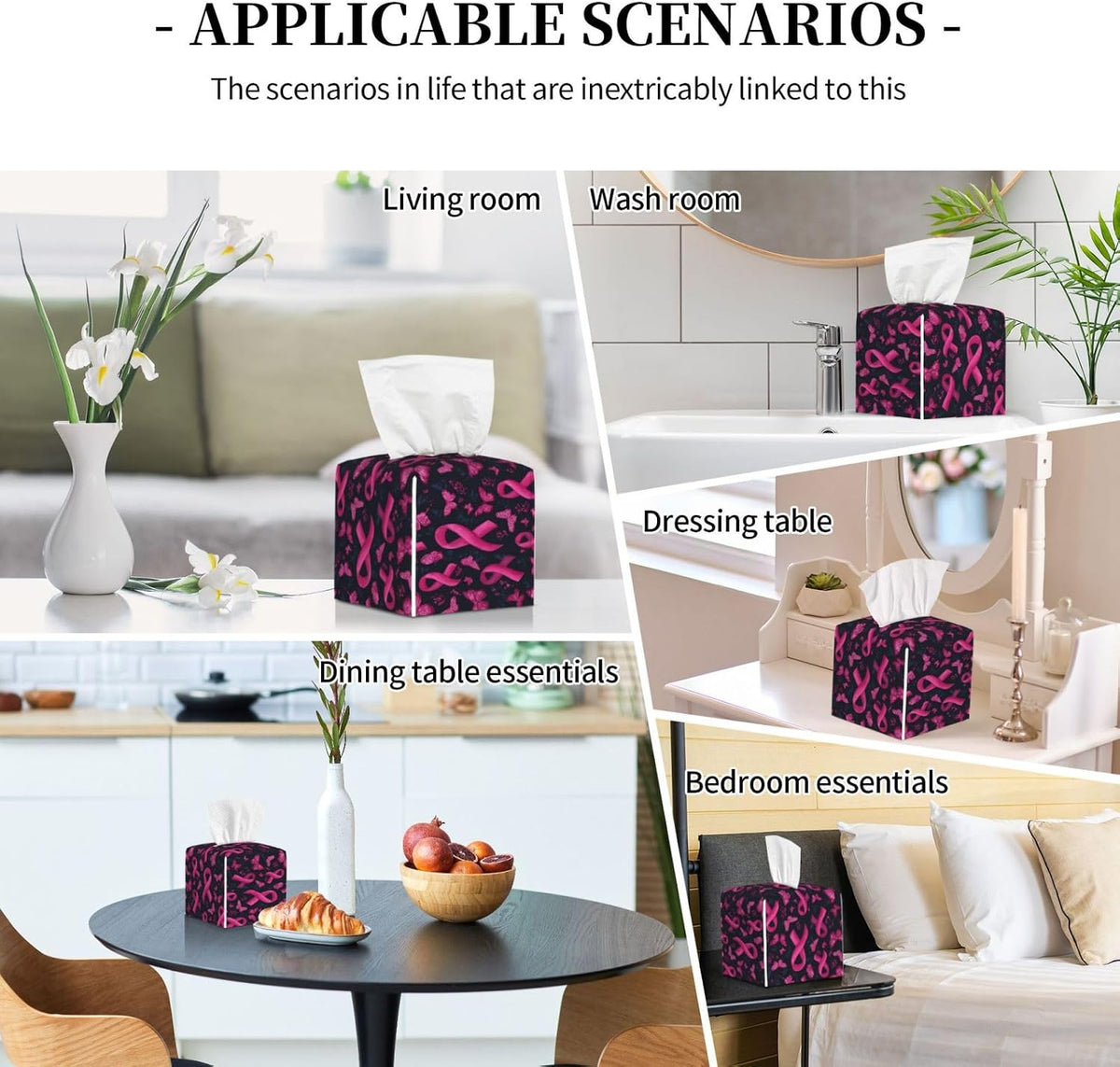 Pink Ribbon Butterfly Print Tissue Box Cover Holder Square, Foldable Modern Cube Tissue Box Cover, Leather Decorative Organizer for Tabletop Bathroom Car Office Desk Decor