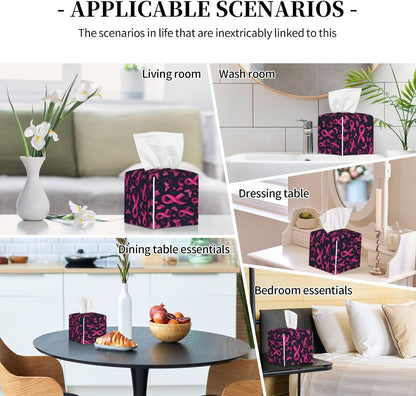 Pink Ribbon Butterfly Print Tissue Box Cover Holder Square, Foldable Modern Cube Tissue Box Cover, Leather Decorative Organizer for Tabletop Bathroom Car Office Desk Decor