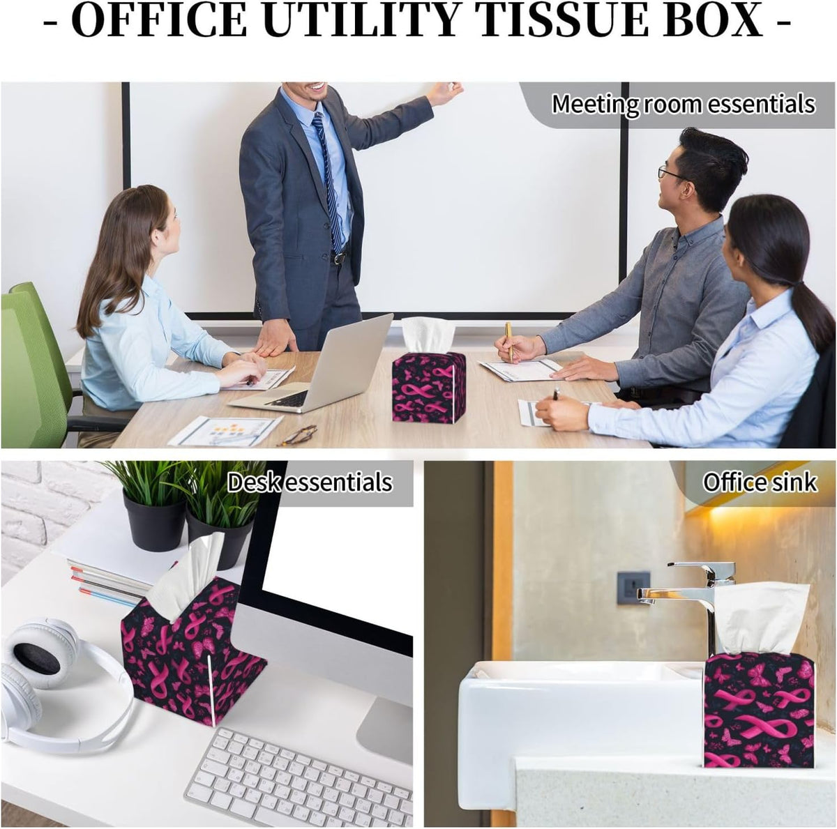 Pink Ribbon Butterfly Print Tissue Box Cover Holder Square, Foldable Modern Cube Tissue Box Cover, Leather Decorative Organizer for Tabletop Bathroom Car Office Desk Decor