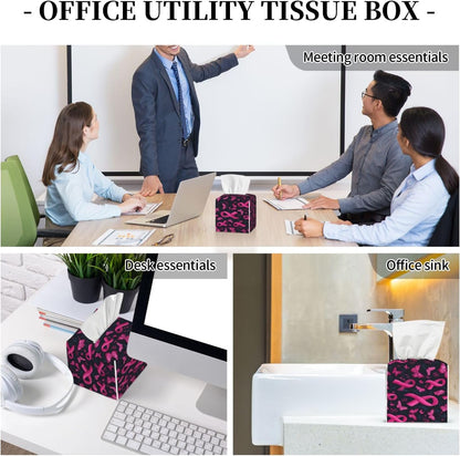 Pink Ribbon Butterfly Print Tissue Box Cover Holder Square, Foldable Modern Cube Tissue Box Cover, Leather Decorative Organizer for Tabletop Bathroom Car Office Desk Decor