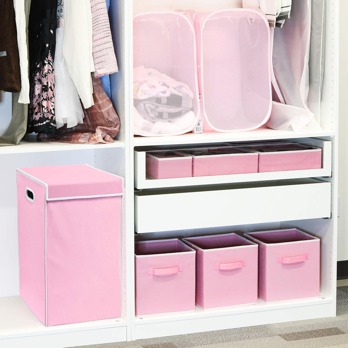 Foldable Laundry Hamper Basket with Lid, Pink