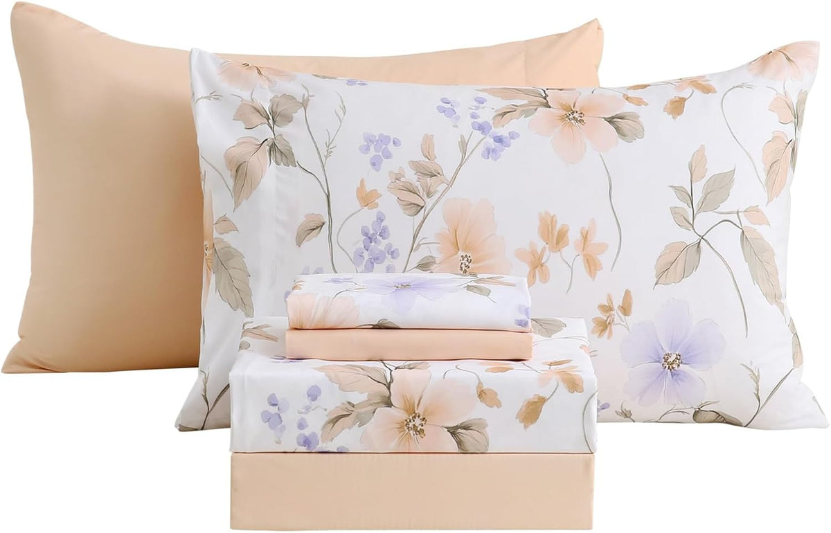 Botanical 6-Piece Full Size Sheets Set, Boho Floral Print Brushed Microfiber Sheets, Cooling Bed Sheet Set, Ultra Soft & Breathable, 16' Deep Pocket Fitted Sheet & Pillowcase Set, Peach Pink Flower