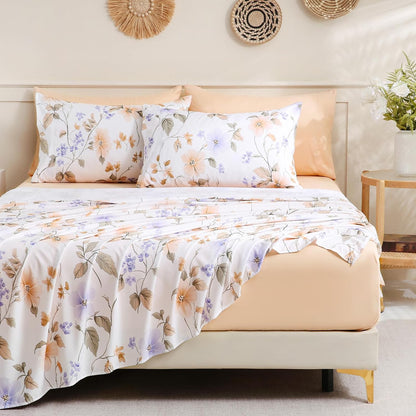 Botanical 6-Piece Full Size Sheets Set, Boho Floral Print Brushed Microfiber Sheets, Cooling Bed Sheet Set, Ultra Soft & Breathable, 16' Deep Pocket Fitted Sheet & Pillowcase Set, Peach Pink Flower