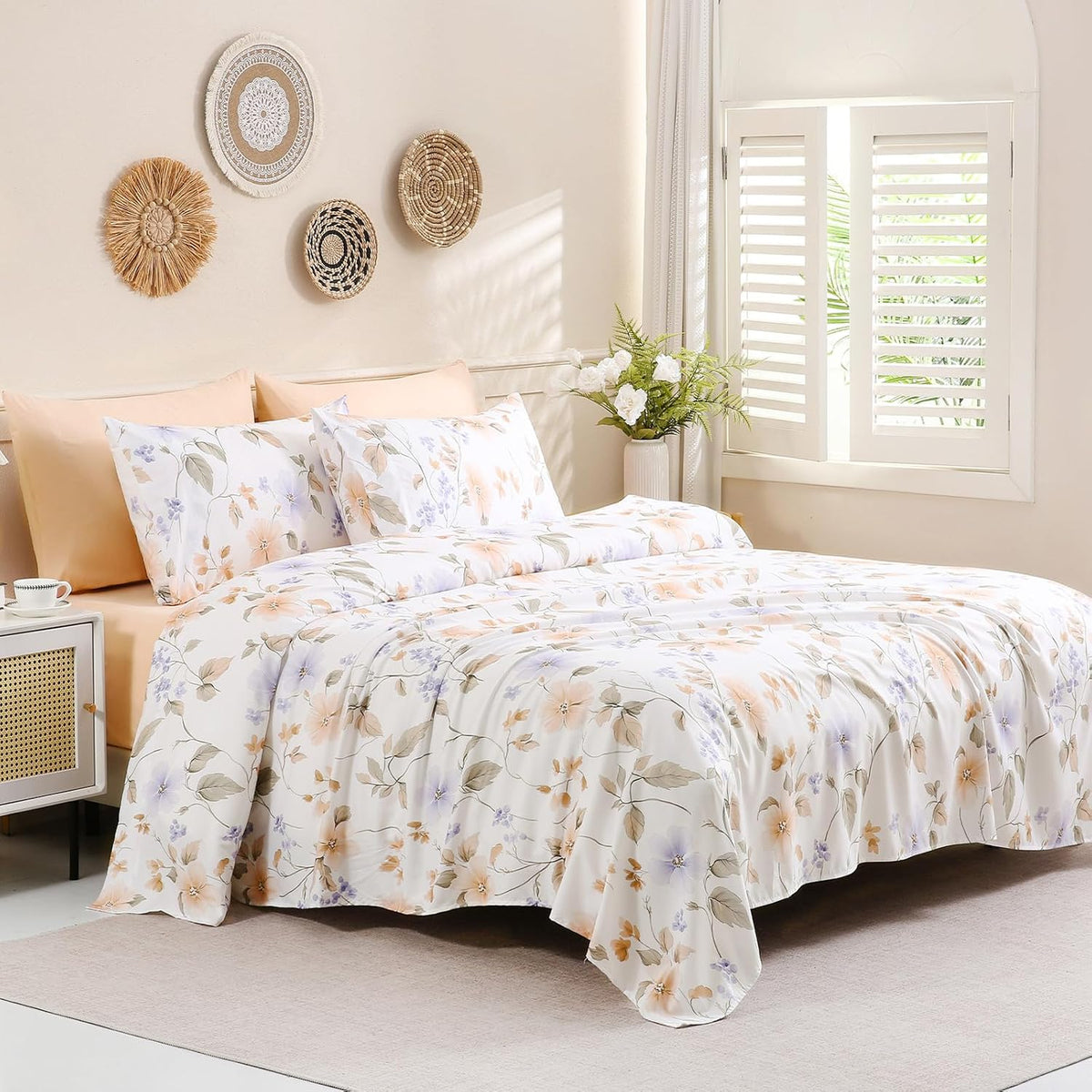 Botanical 6-Piece Full Size Sheets Set, Boho Floral Print Brushed Microfiber Sheets, Cooling Bed Sheet Set, Ultra Soft & Breathable, 16' Deep Pocket Fitted Sheet & Pillowcase Set, Peach Pink Flower