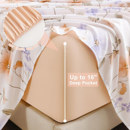 Botanical 6-Piece Full Size Sheets Set, Boho Floral Print Brushed Microfiber Sheets, Cooling Bed Sheet Set, Ultra Soft & Breathable, 16' Deep Pocket Fitted Sheet & Pillowcase Set, Peach Pink Flower