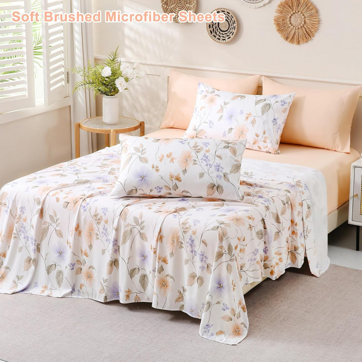 Botanical 6-Piece Full Size Sheets Set, Boho Floral Print Brushed Microfiber Sheets, Cooling Bed Sheet Set, Ultra Soft & Breathable, 16' Deep Pocket Fitted Sheet & Pillowcase Set, Peach Pink Flower