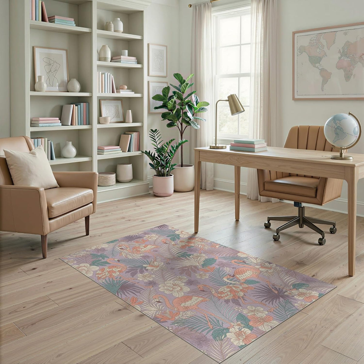 4'x6' Washable Contemporary Floral Area Rug, Peach Flatwoven Floor Mat for Home Office, Gaming Room, Under Desk, Non-Slip Chair-Friendly Carpet | Ref:2087254