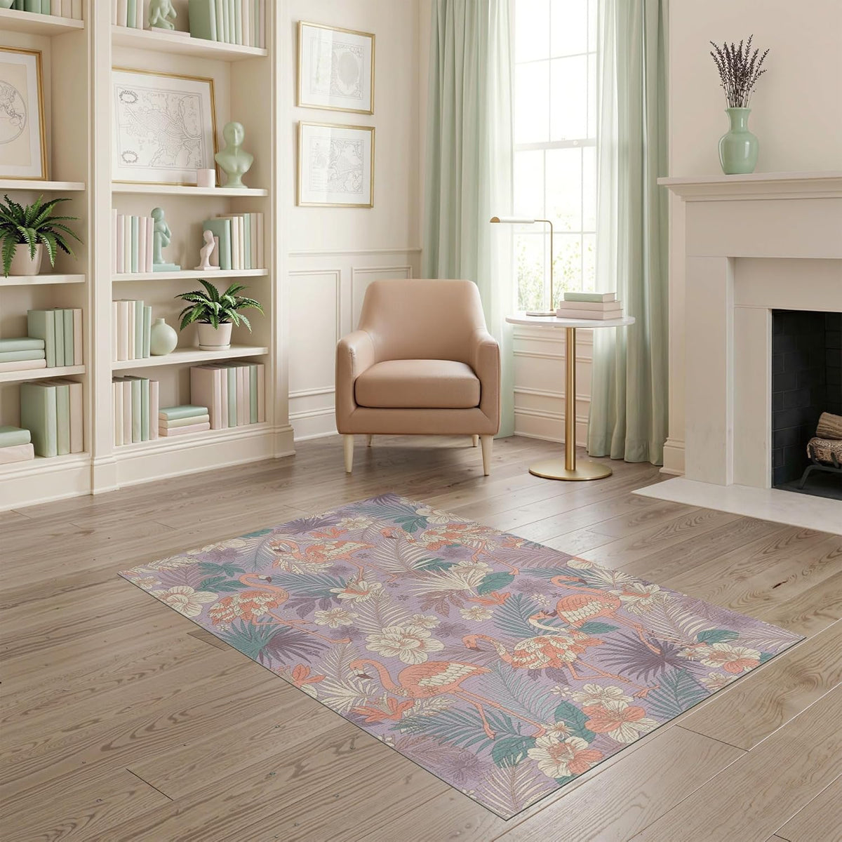4'x6' Washable Contemporary Floral Area Rug, Peach Flatwoven Floor Mat for Home Office, Gaming Room, Under Desk, Non-Slip Chair-Friendly Carpet | Ref:2087254