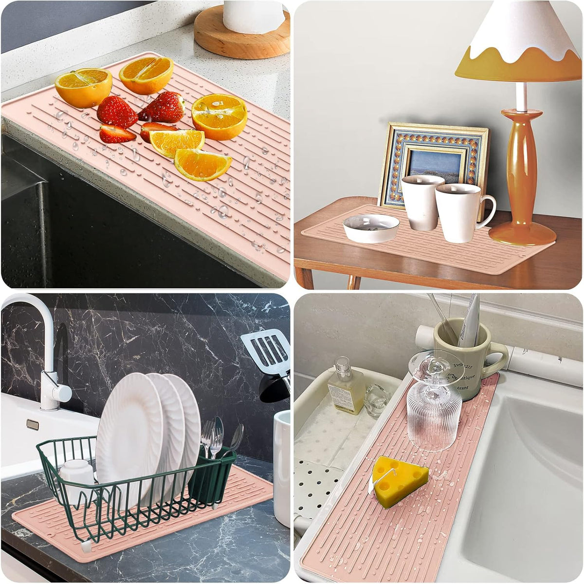 Dish Drying Mats, Heat-resistant Silicone Mat for Kitchen Counter, Non-Slip Dish Dry Mat Dishwasher Safe Large, Pink