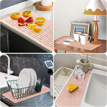 Dish Drying Mats, Heat-resistant Silicone Mat for Kitchen Counter, Non-Slip Dish Dry Mat Dishwasher Safe Large, Pink