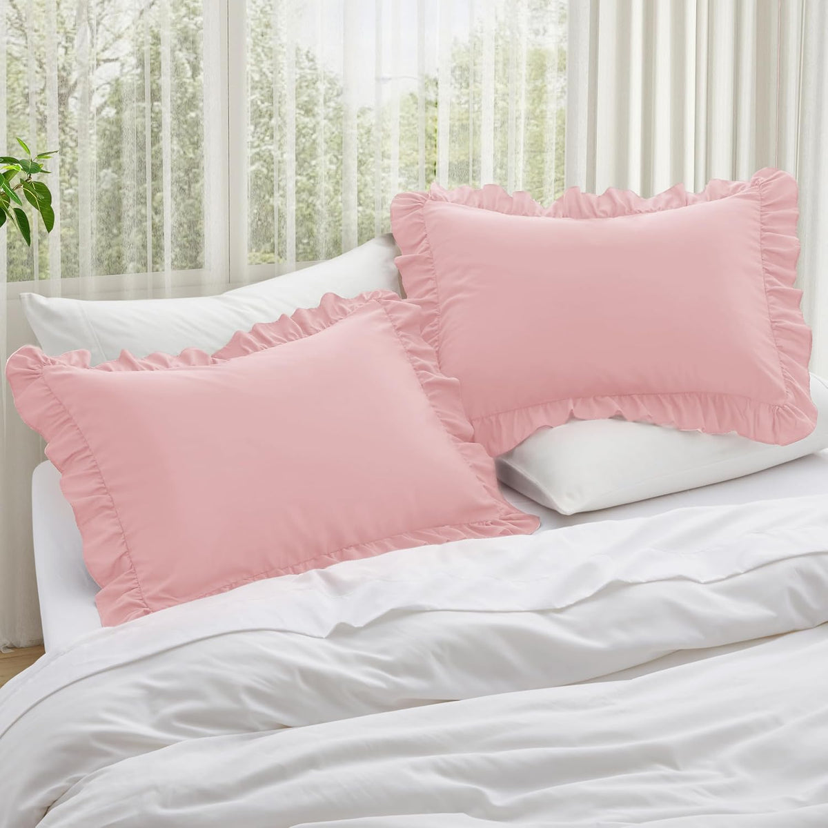 Ruffle Pillow Cases Standard Size Set of 2, Light Pink