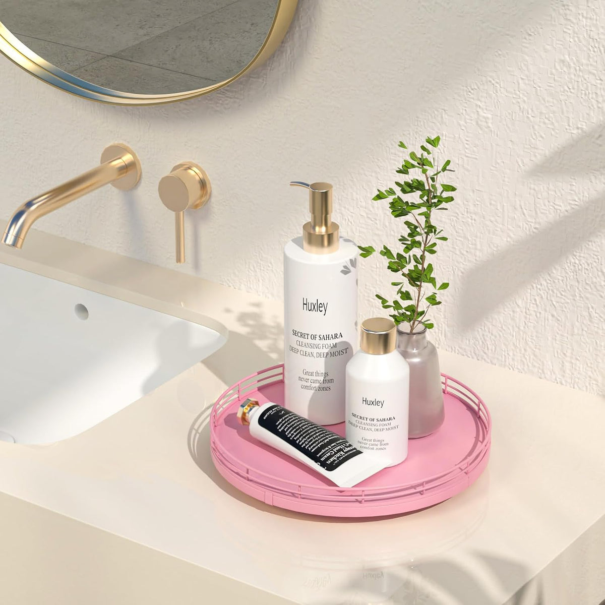 10-Inch Oak Lazy Susan Vanity Tray, Pink Finish