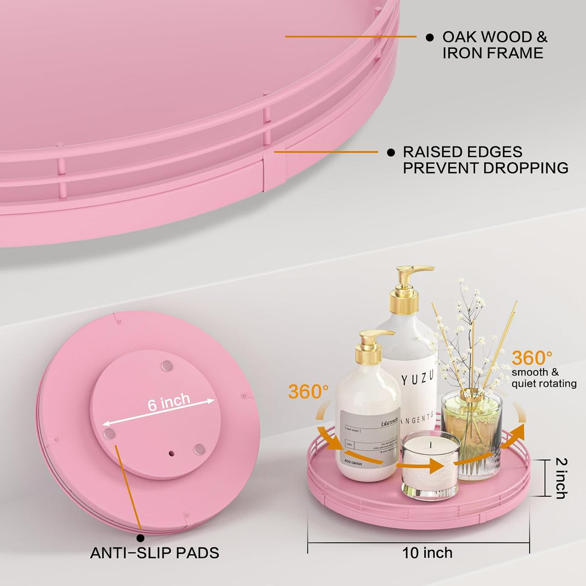10-Inch Oak Lazy Susan Vanity Tray, Pink Finish