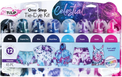 One-Step Tie-Dye Kit Celestial, Large Party Activity, Permanent Fabric Dye, Vibrant Galaxy Color Palette: Purple, Pink, Blue, Black, Easy Clean-up, 8 Fun Techniques Included, 8 Full Size Bottles