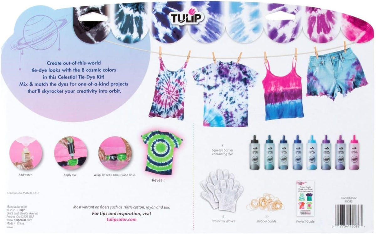 One-Step Tie-Dye Kit Celestial, Large Party Activity, Permanent Fabric Dye, Vibrant Galaxy Color Palette: Purple, Pink, Blue, Black, Easy Clean-up, 8 Fun Techniques Included, 8 Full Size Bottles
