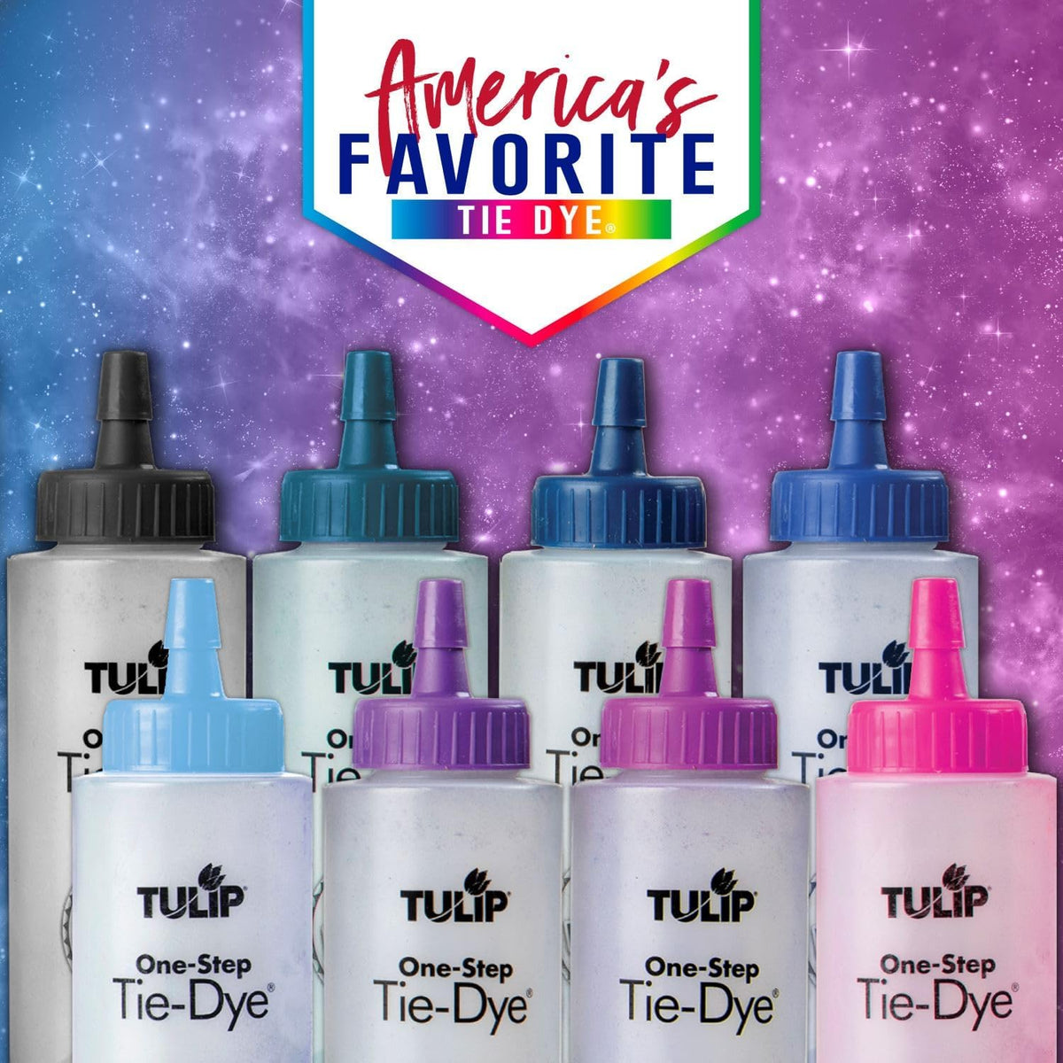One-Step Tie-Dye Kit Celestial, Large Party Activity, Permanent Fabric Dye, Vibrant Galaxy Color Palette: Purple, Pink, Blue, Black, Easy Clean-up, 8 Fun Techniques Included, 8 Full Size Bottles