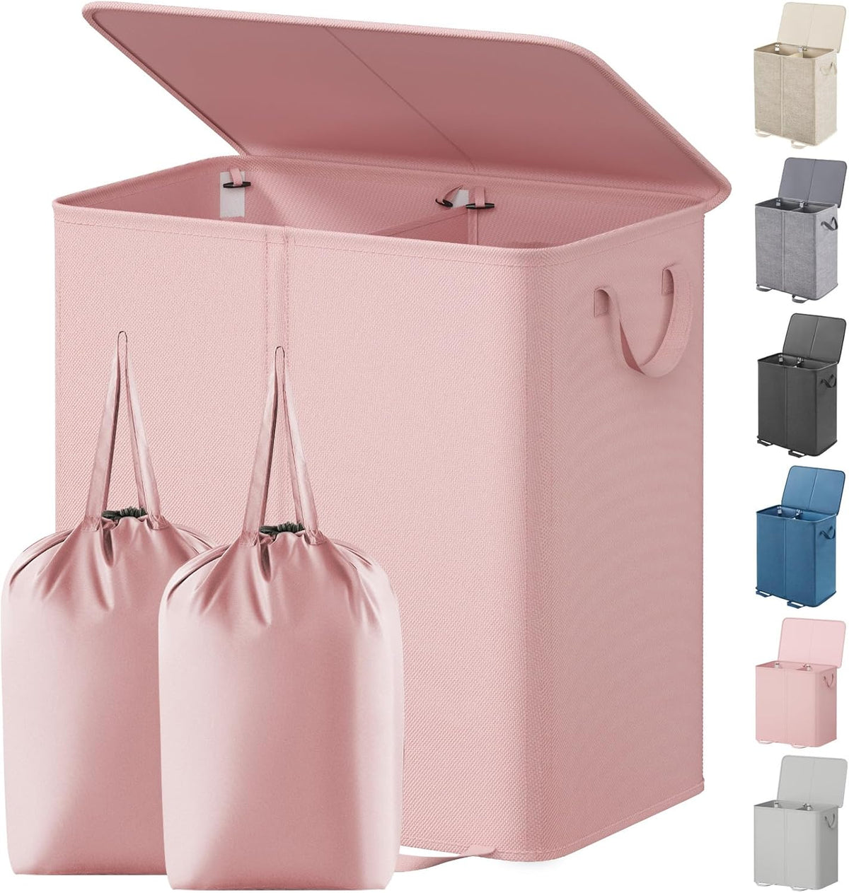 Double Laundry Hamper with Lid, Removable Laundry Bags, Pink