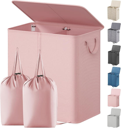 Double Laundry Hamper with Lid, Removable Laundry Bags, Pink