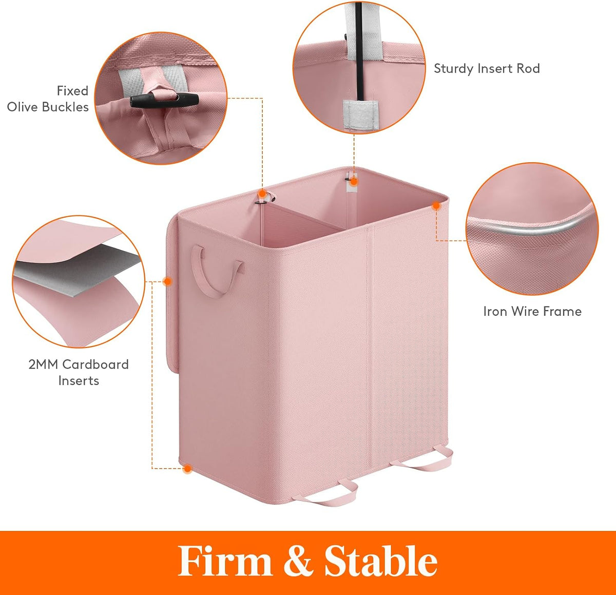 Double Laundry Hamper with Lid, Removable Laundry Bags, Pink