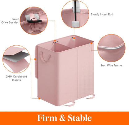 Double Laundry Hamper with Lid, Removable Laundry Bags, Pink