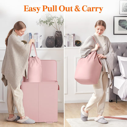 Double Laundry Hamper with Lid, Removable Laundry Bags, Pink