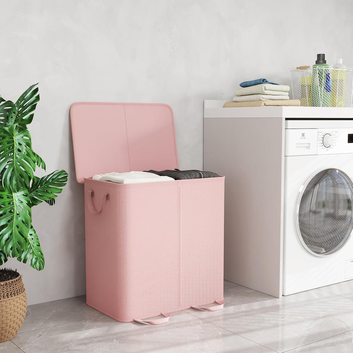 Double Laundry Hamper with Lid, Removable Laundry Bags, Pink