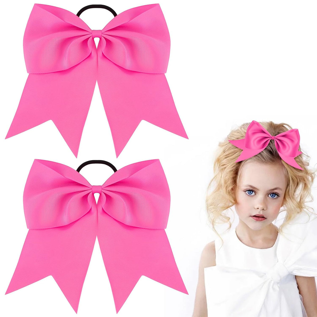 2 Pack Hot Pink Jumbo Bow Hair Ties - Big Cheer Bows for Ponytails, Pigtails & Cute Hairstyles, Elastic Hair Bands for Girls