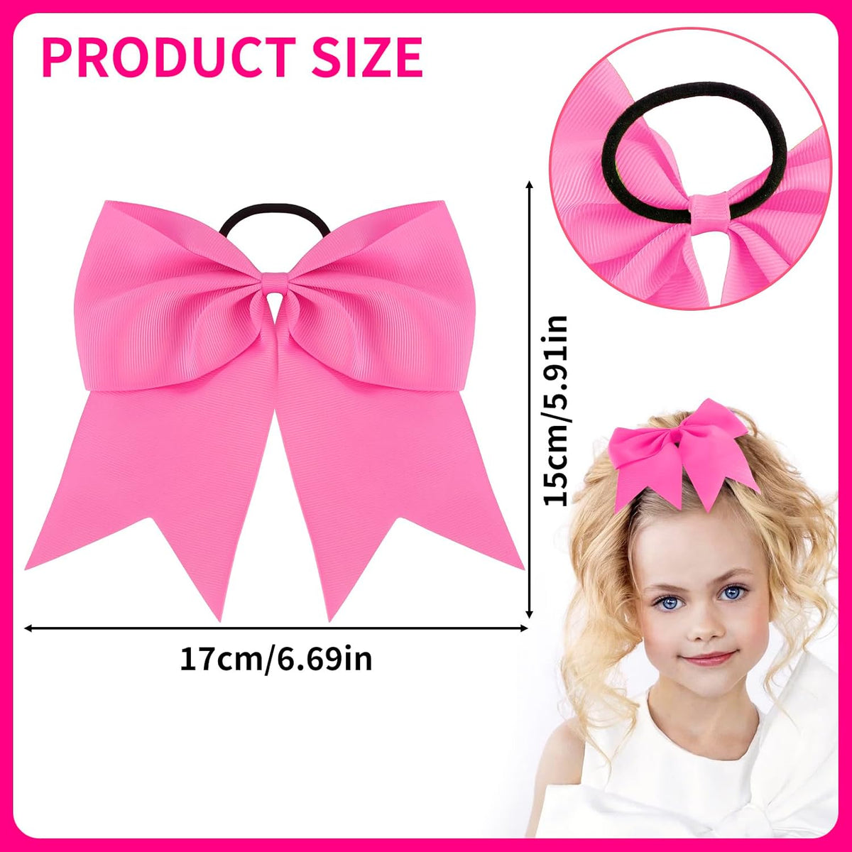 2 Pack Hot Pink Jumbo Bow Hair Ties - Big Cheer Bows for Ponytails, Pigtails & Cute Hairstyles, Elastic Hair Bands for Girls