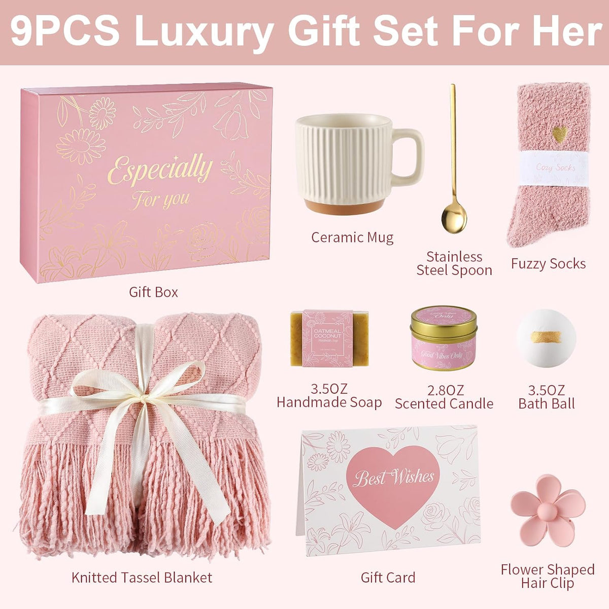 Get Well Soon Gifts Baskets for Women Self Care Gifts,Birthday Gifts for Women Spa Care Package, Set for Mom Wife Girlfriend Sister Best Friend (Pink)