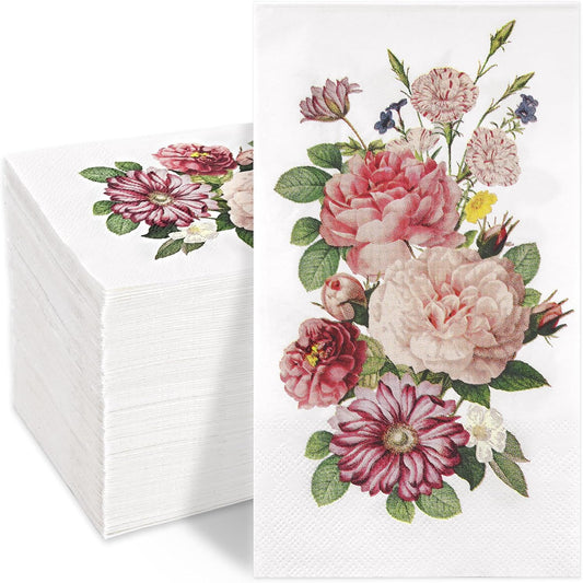 Homlouue 100PCS Vintage Pink Flower Napkins, 3 Ply Disposable Hand Towels for Bathroom, Floral Paper Napkins Disposable Dinner Napkins for Spring Wedding Baby Shower Bridal Shower Birthday Tea Party