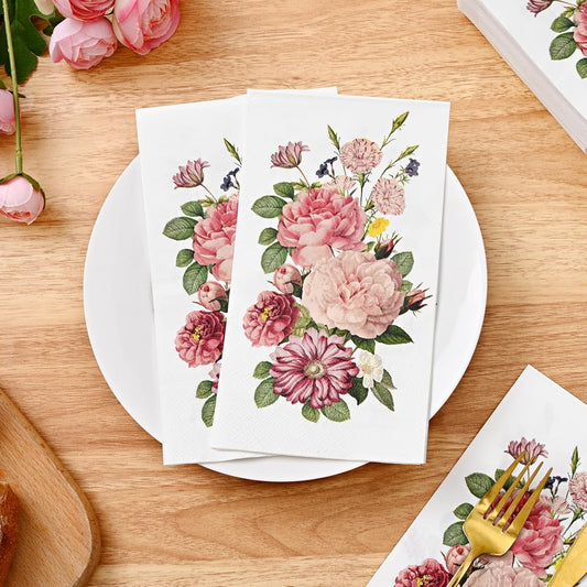 Homlouue 100PCS Vintage Pink Flower Napkins, 3 Ply Disposable Hand Towels for Bathroom, Floral Paper Napkins Disposable Dinner Napkins for Spring Wedding Baby Shower Bridal Shower Birthday Tea Party