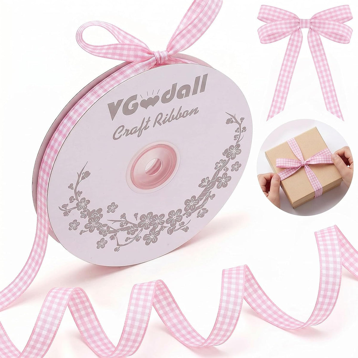 Pink Gingham Ribbon, 3/8 inch X 50 Yards