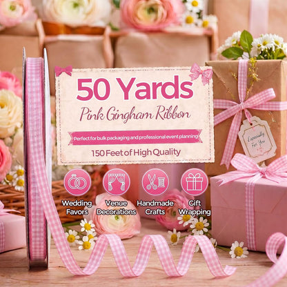 Pink Gingham Ribbon, 3/8 inch X 50 Yards
