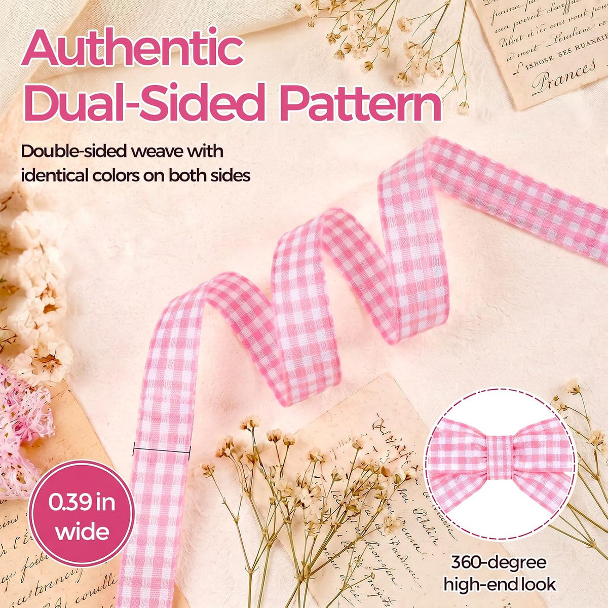 Pink Gingham Ribbon, 3/8 inch X 50 Yards