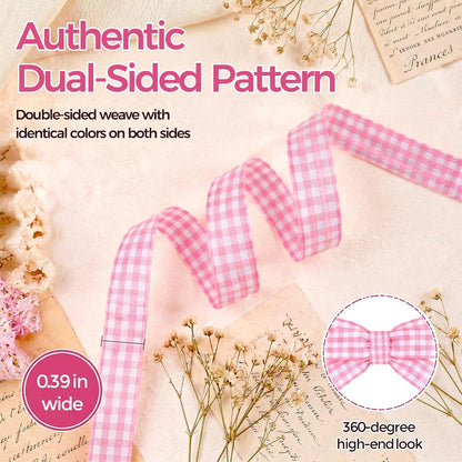 Pink Gingham Ribbon, 3/8 inch X 50 Yards
