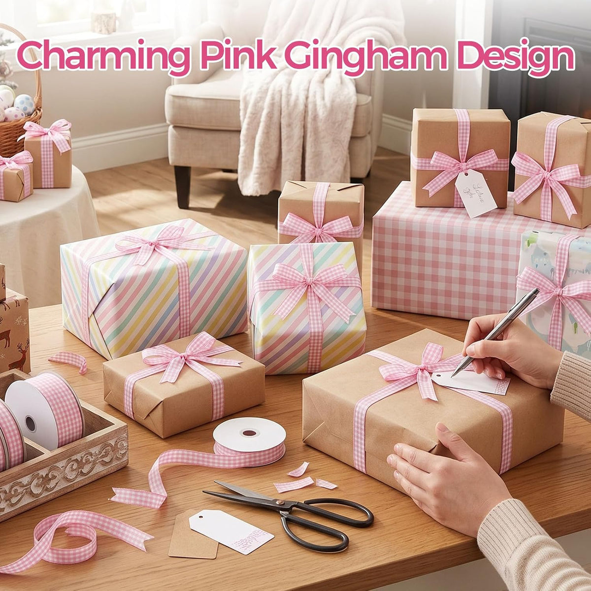 Pink Gingham Ribbon, 3/8 inch X 50 Yards
