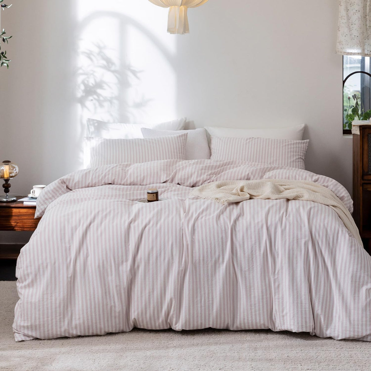Striped Duvet Cover Set 100% Washed Cotton Linen Feel Twin