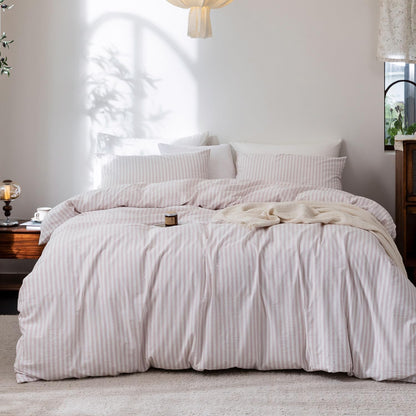 Striped Duvet Cover Set 100% Washed Cotton Linen Feel Twin