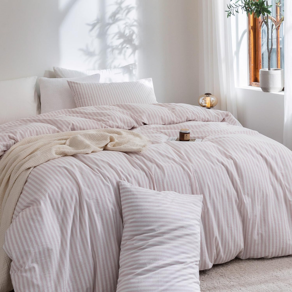 Striped Duvet Cover Set 100% Washed Cotton Linen Feel Twin