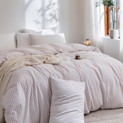 Striped Duvet Cover Set 100% Washed Cotton Linen Feel Twin