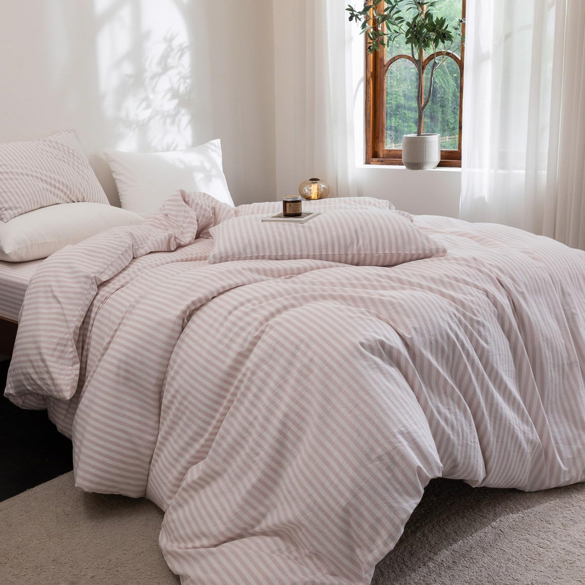 Striped Duvet Cover Set 100% Washed Cotton Linen Feel Twin