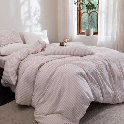 Striped Duvet Cover Set 100% Washed Cotton Linen Feel Twin