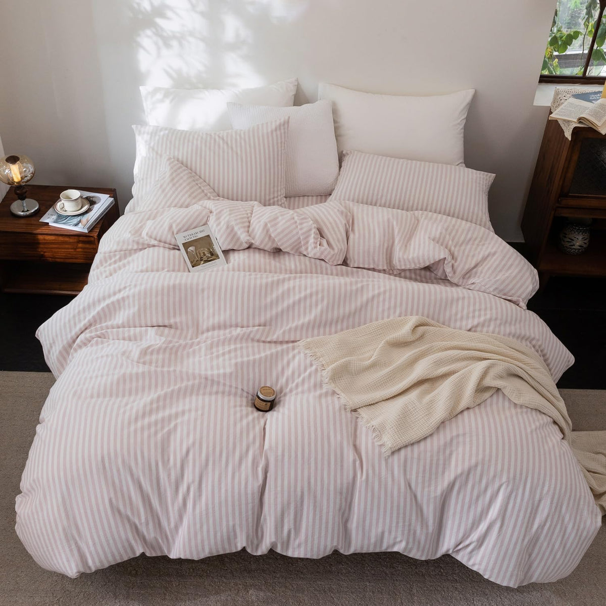 Striped Duvet Cover Set 100% Washed Cotton Linen Feel Twin