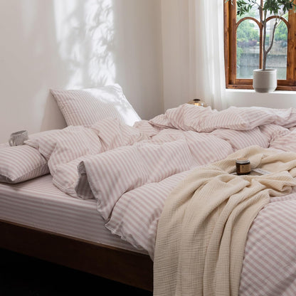 Striped Duvet Cover Set 100% Washed Cotton Linen Feel Twin
