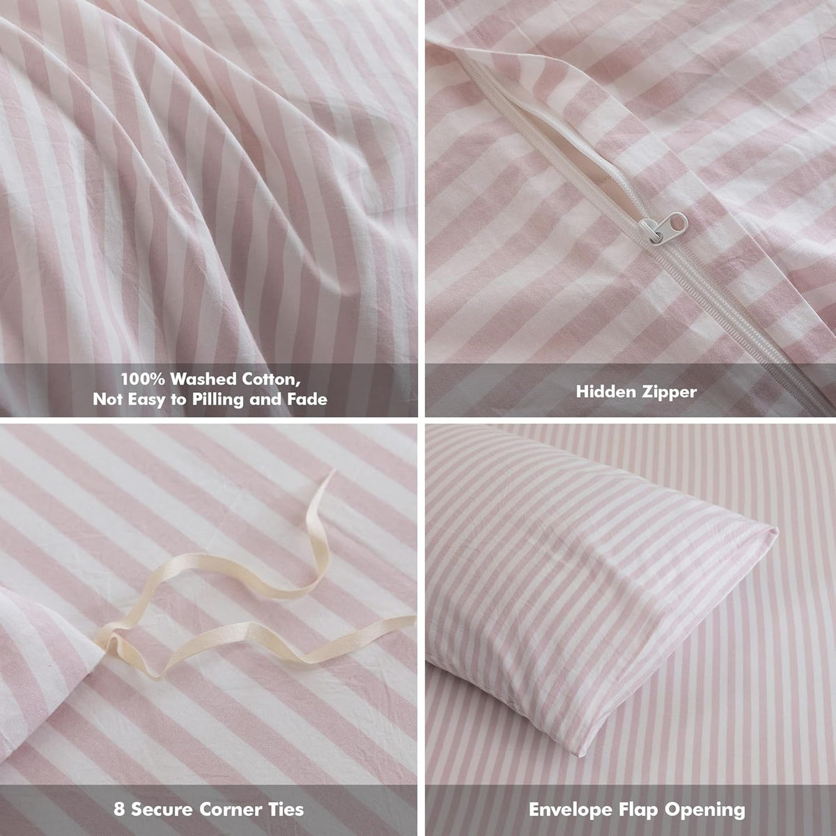 Striped Duvet Cover Set 100% Washed Cotton Linen Feel Twin